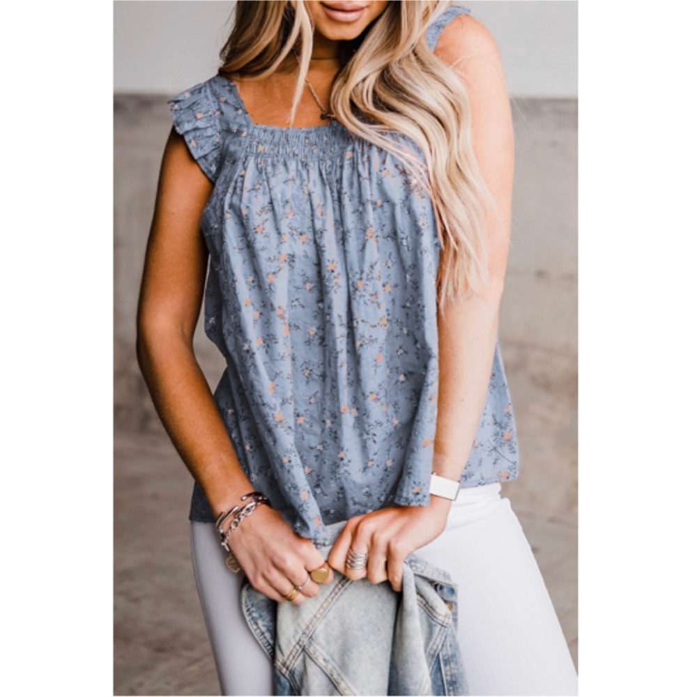 Blue Floral Print Smocked Sleeveless Top